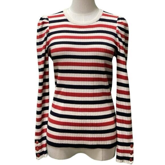 Talbots Long Puff Sleeve Red/White/Blue Striped Viscose Blend Sweater Size S/P - Picture 1 of 5